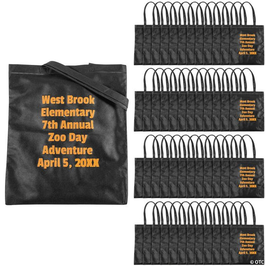 15" x 17" Bulk 48 Pc. Personalized Large Black Nonwoven Tote Bags with Text Color Choice