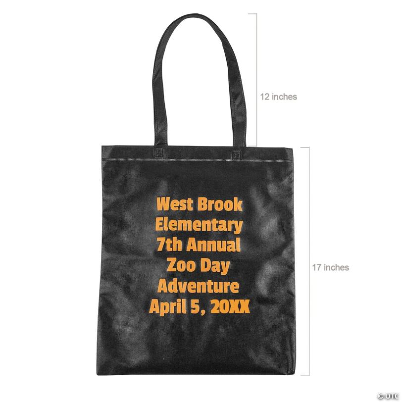 15" x 17" Bulk 48 Pc. Personalized Large Black Nonwoven Tote Bags with Text Color Choice