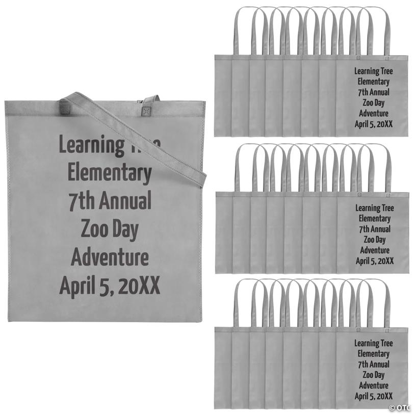 15" x 17" Bulk 48 Pc. Personalized Large Grey Tote Bags with Text Color Choice