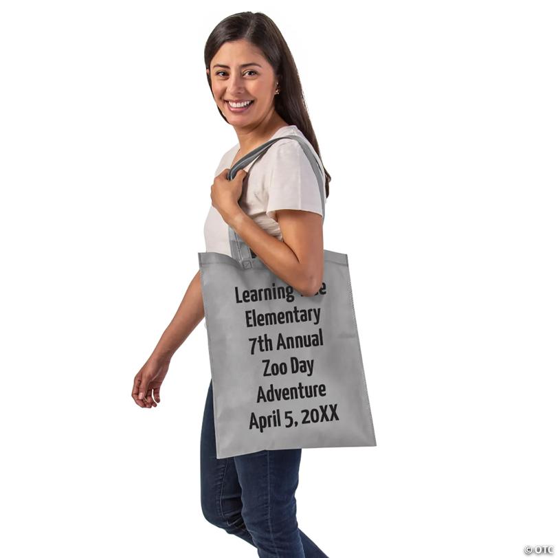 15" x 17" Bulk 48 Pc. Personalized Large Grey Tote Bags with Text Color Choice