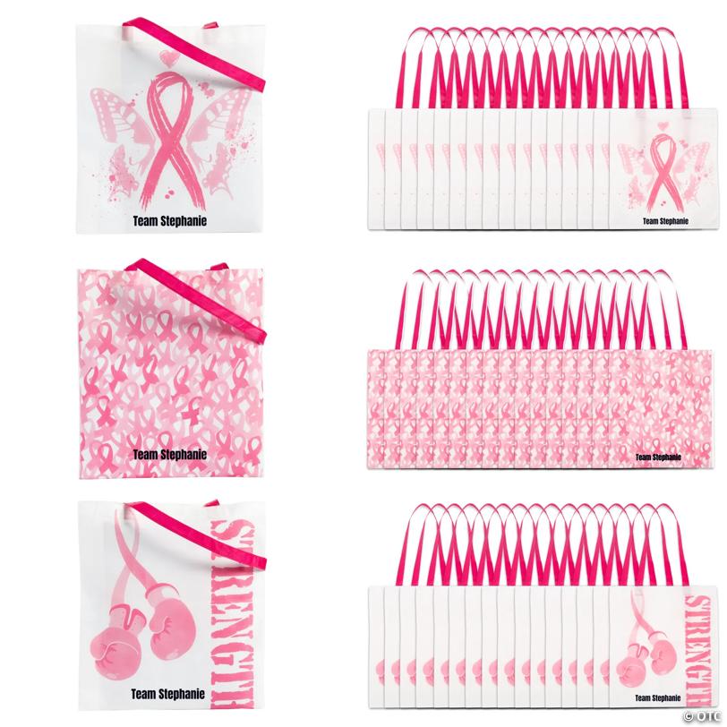 15" x 17" Bulk 48 Pc. Personalized Large Pink Ribbon Tote Bags