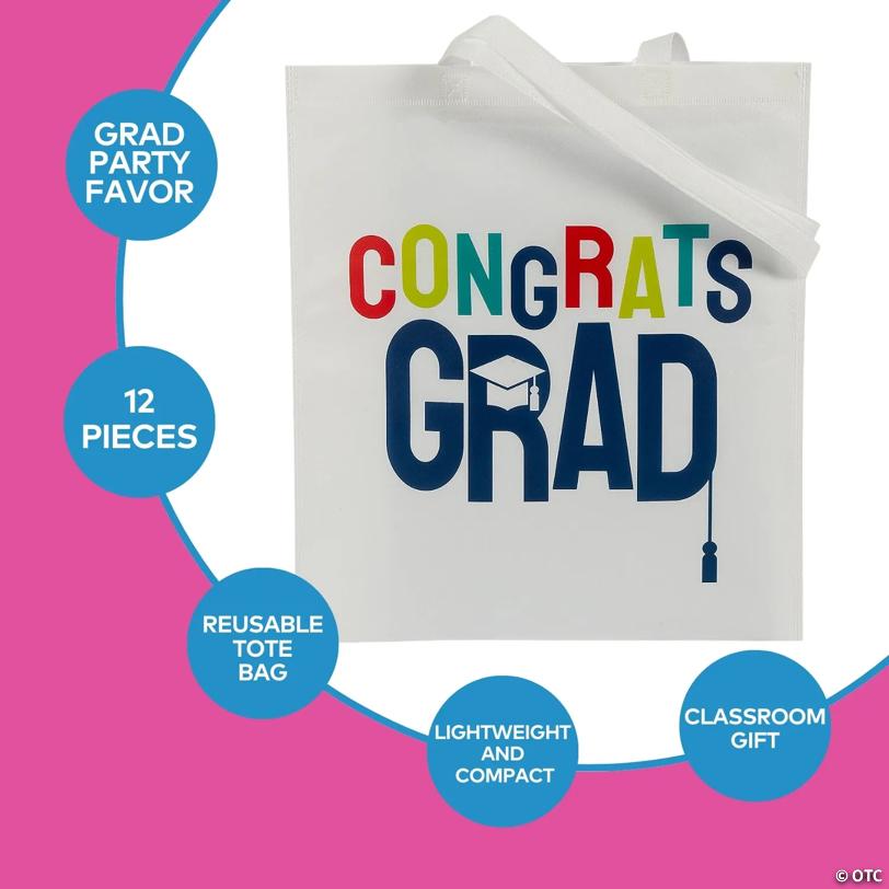 15" x 17" Large Congrats Grad White Nonwoven Tote Bags - 12 Pc.