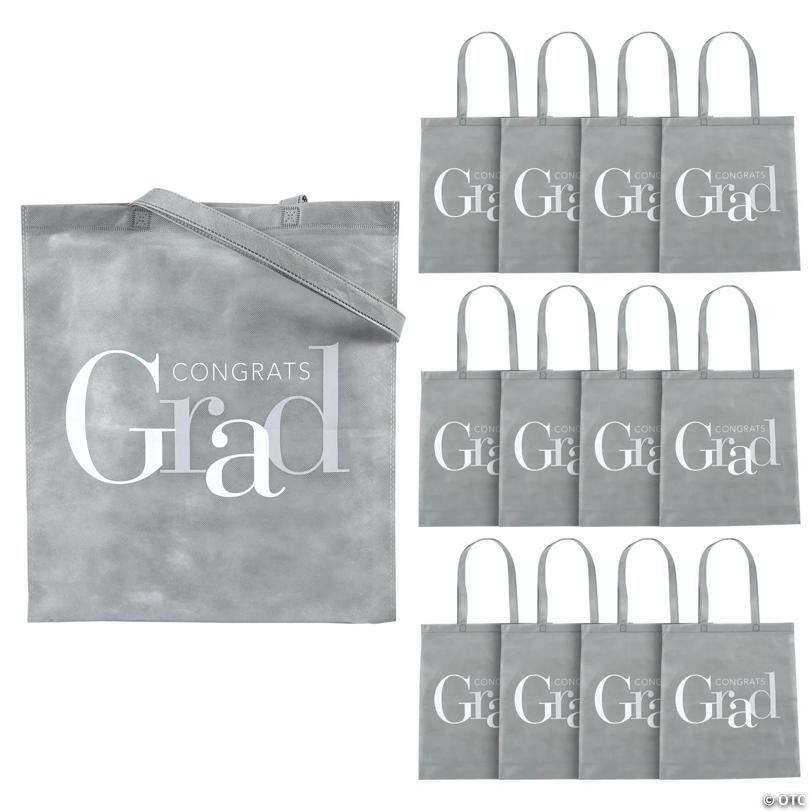 15" x 17" Large Gray Graduation Elevated Party Congrats Grad Nonwoven Tote Bags - 12 Pc. | USA Decoration®