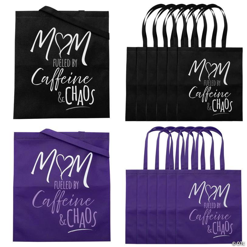 15" x 17" Large Mom Fueled by Caffeine & Chaos Nonwoven Tote Bags - 12 Pc.