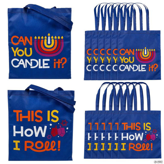 15" x 17" Large Nonwoven Hanukkah Tote Bags - 12 Pc.