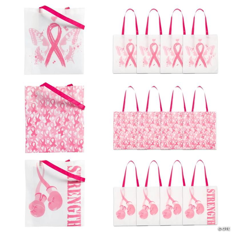 15" x 17" Large Nonwoven Pink Ribbon Awareness Tote Bags - 12 Pc.