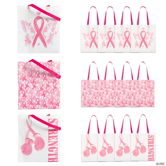 15" x 17" Large Nonwoven Pink Ribbon Awareness Tote Bags - 12 Pc.