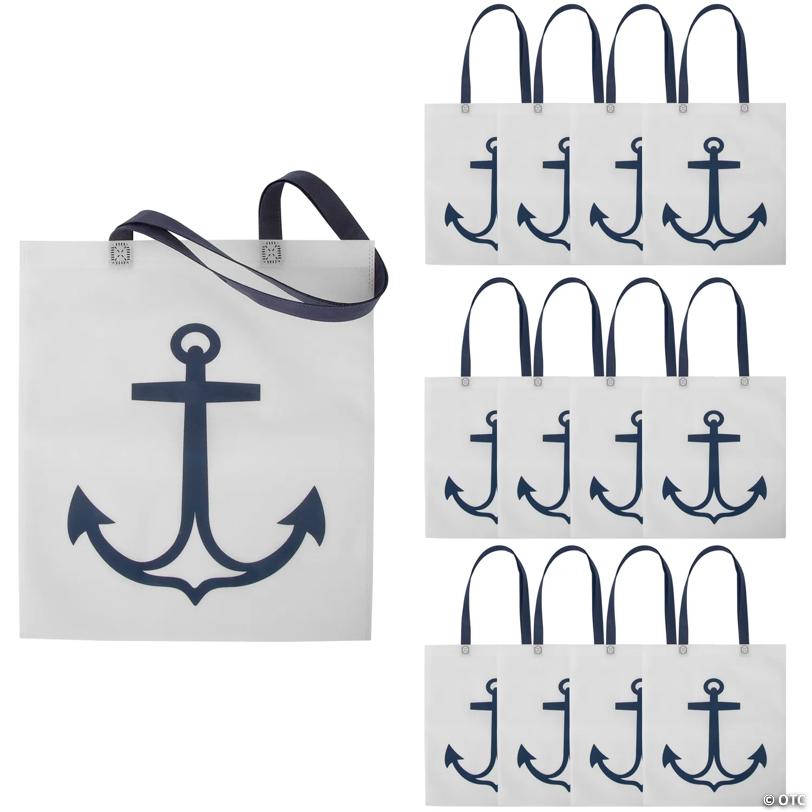 15" x 17" Large Nonwoven White Anchor Tote Bags - 12 Pc.