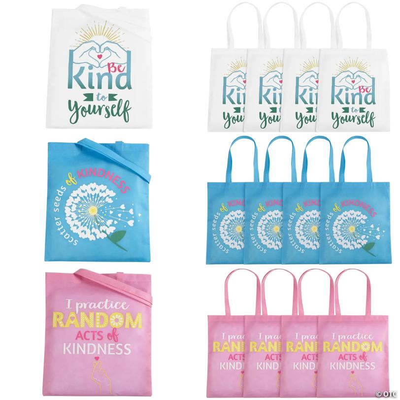 15" x 17" Large Pink, White & Blue Kindness Nonwoven Tote Bags - 12 Pc.