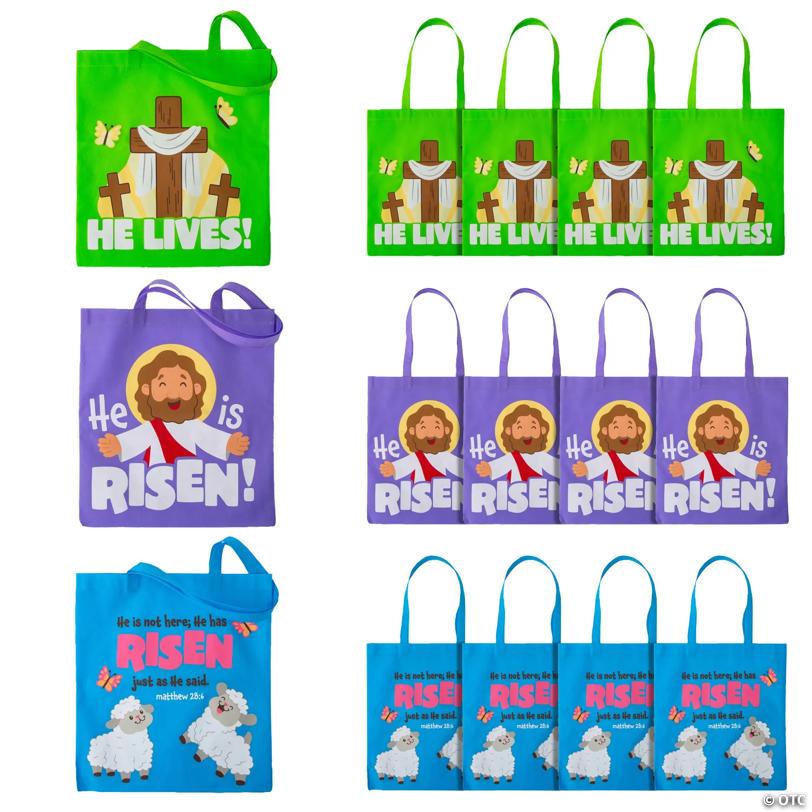 15" x 17" Large Religious Easter He is Risen Nonwoven Tote Bags - 12 Pc.