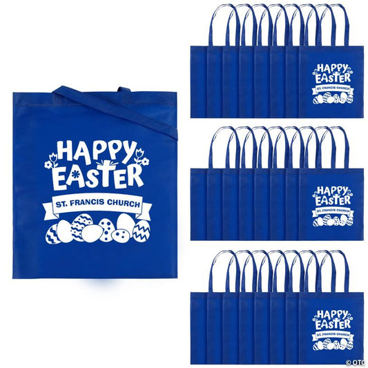 15" x 17" Personalized Blue Church Egg Hunt Large Nonwoven Tote Bags - 48 Pc.