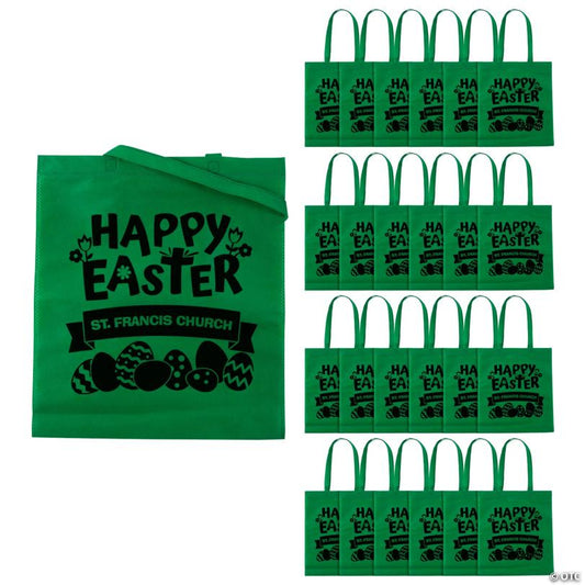 15" x 17" Personalized Green Church Egg Hunt Large Nonwoven Tote Bags - 48 Pc.