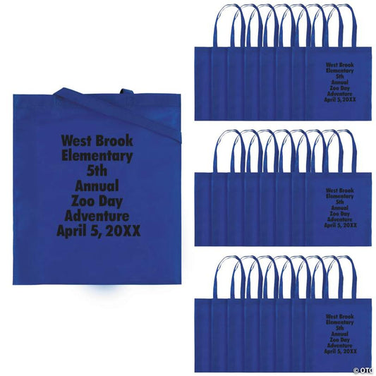 15" x 17" Personalized Large Blue Nonwoven Tote Bags with Text Color Choice - 48 Pc.