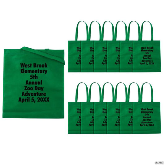 15" x 17" Personalized Large Green Nonwoven Tote Bags with Text Color Choice - 48 Pc.