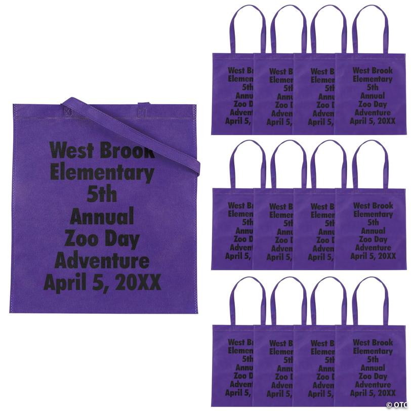 15" x 17" Personalized Large Purple Nonwoven Tote Bags with Text Color Choice - 48 Pc.