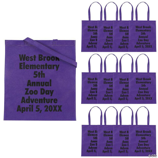 15" x 17" Personalized Large Purple Nonwoven Tote Bags with Text Color Choice - 48 Pc.