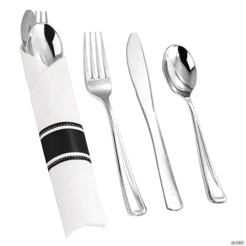 160 Pc. Silver Plastic Cutlery in White Napkin Rolls Set - Napkins, Forks, Knives, Spoons and Paper Rings (40 Guests) | USA Decoration®