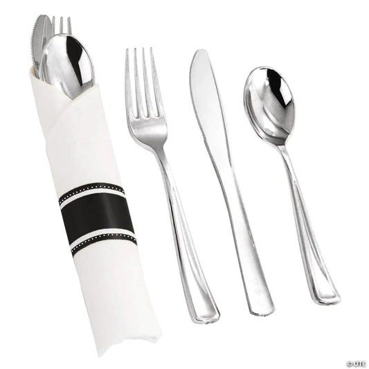160 Pc. Silver Plastic Cutlery in White Napkin Rolls Set - Napkins, Forks, Knives, Spoons and Paper Rings (40 Guests) | USA Decoration®