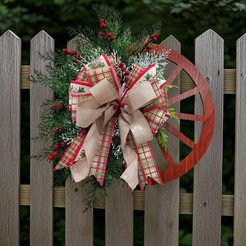 17.7" Farmhouse Pine Christmas Wreath hung on a wooden door