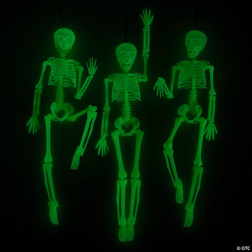 16" Hanging Posable Glow-in-the-Dark Skeletons Halloween Decoration - 3 Pc.