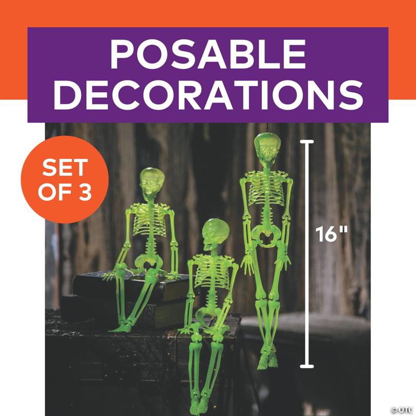 16" Hanging Posable Glow-in-the-Dark Skeletons Halloween Decoration - 3 Pc.