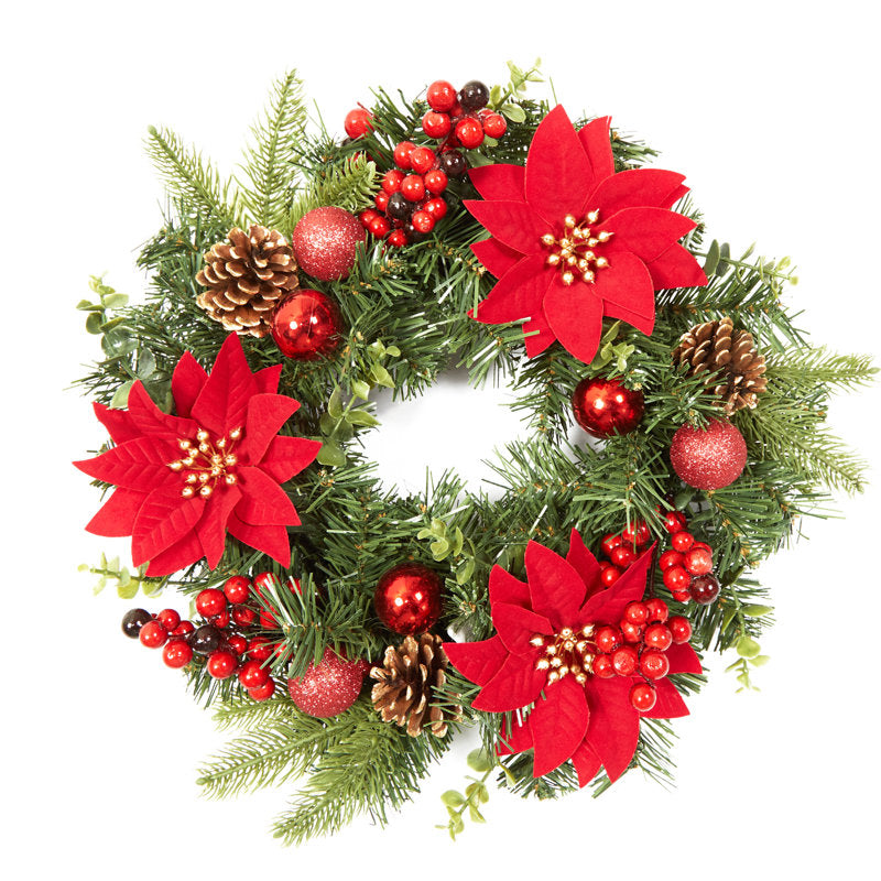 16 Inch Artificial Christmas Wreath with Baubles, Pine Cones, Berries