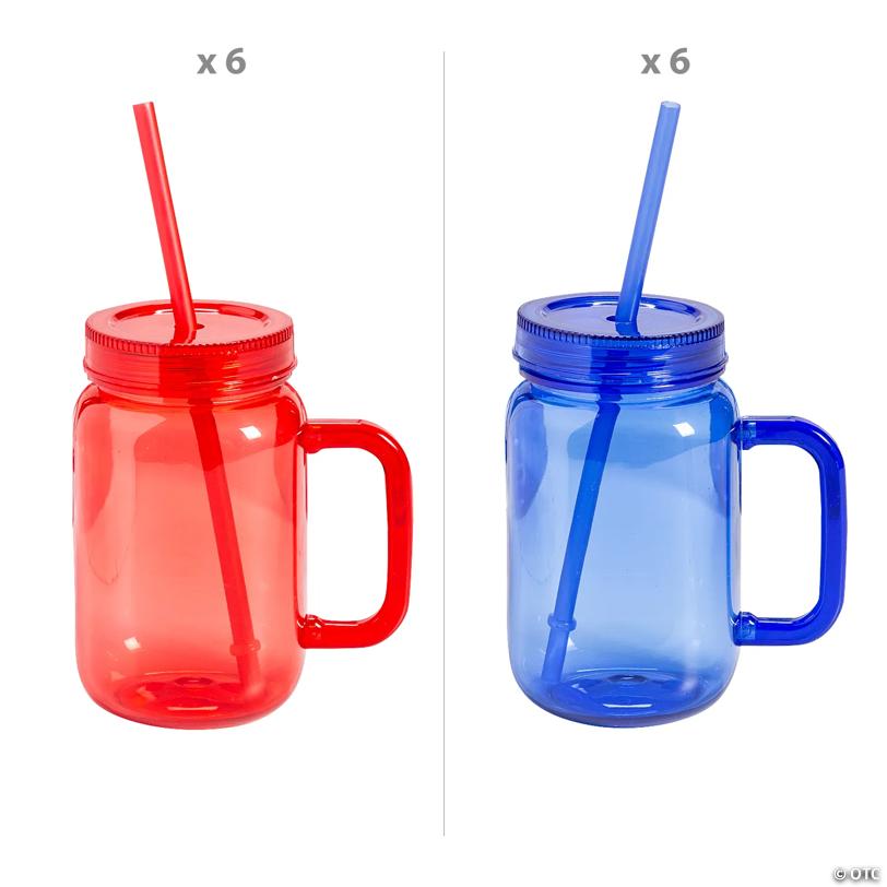 16 oz. Patriotic Red & Blue Reusable Plastic Jar Mug Assortment – 12 Ct.