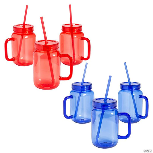 16 oz. Patriotic Red & Blue Reusable Plastic Jar Mug Assortment – 12 Ct.
