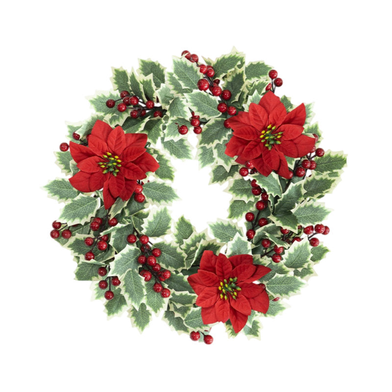 17.7" poinsettia Christmas wreath with red berries and poinsettias