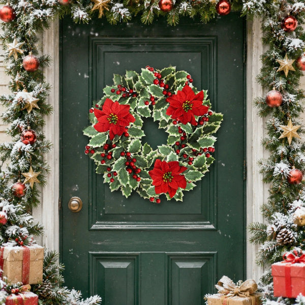 17.72 Inch Artificial Christmas Wreath with Poinsettia, Variegated Holly Leaves and Red Berries for Front Door Holiday Decor