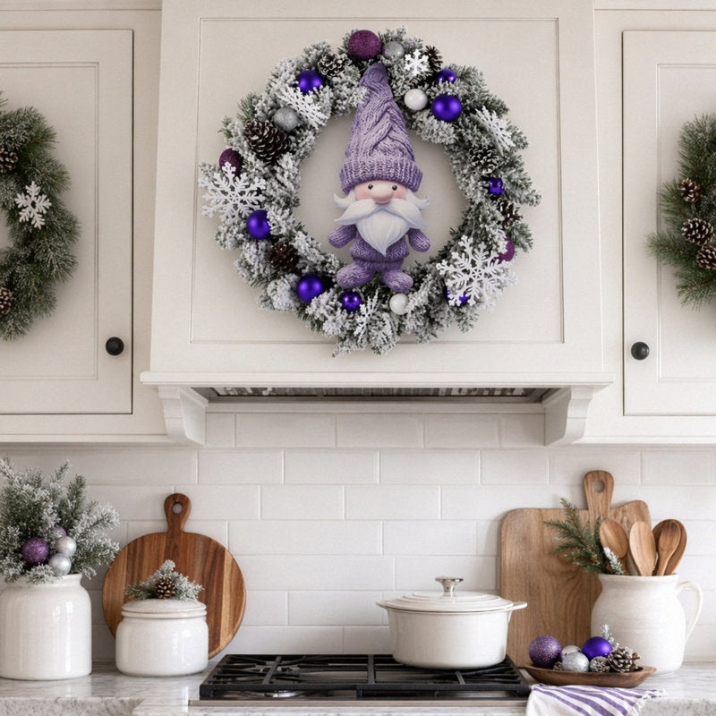 17.7 Inch Artificial Christmas Wreath with Purple Gnome, Pinecones and Ornaments