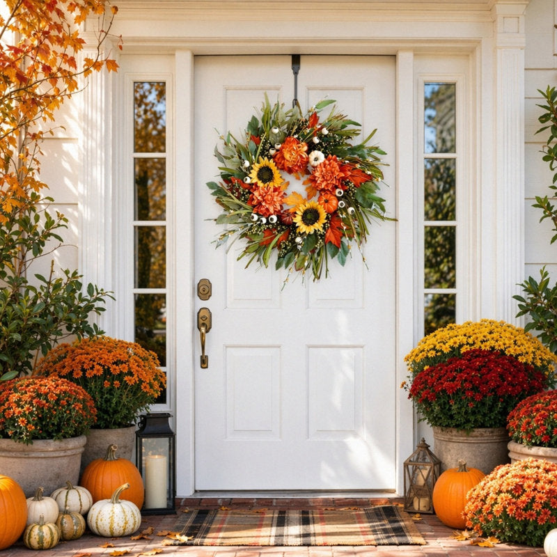 17.7 Inch Artificial Fall Wreath with Sunflowers, Pumpkins, and Foliage