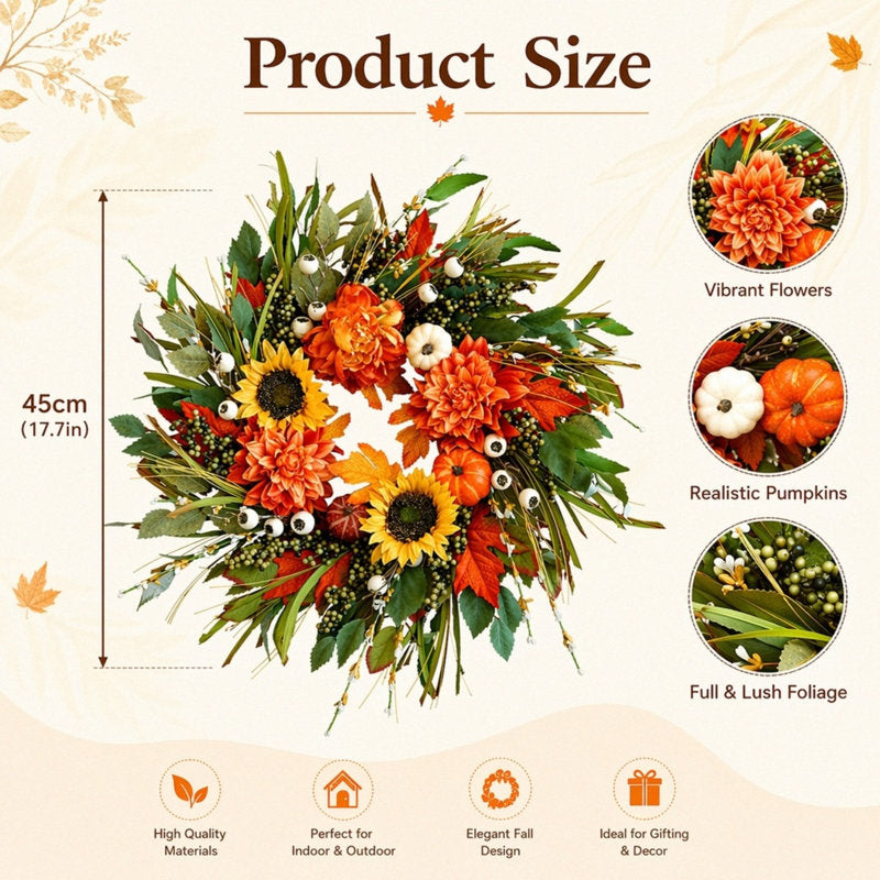 17.7 Inch Artificial Fall Wreath with Sunflowers, Pumpkins, and Foliage