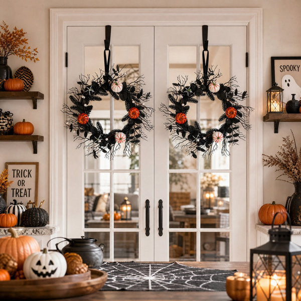 17.7 Inch Halloween Wreath,Black Red Rose Pumpkin Berry Fall Halloween Wreath, Artificial Gothic Wreaths for Front Door Porch Mantel & Fireplace