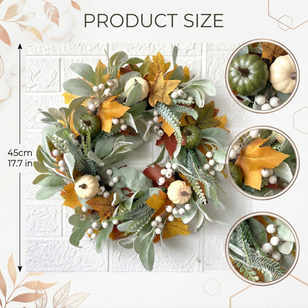 17.7 Inch Hand‑crafted Neutral Fall Wreath, Artificial Autumn Wreath With Mini Pumpkins, Lambs Ear Leaves, Maple Foliage and White Berries for Front Door Decor
