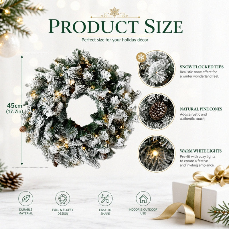 17.7 Inch Pre-Lit Artificial Christmas Wreath with Snow Flocked Tips, Faux Pine Cones and Warm White Lights