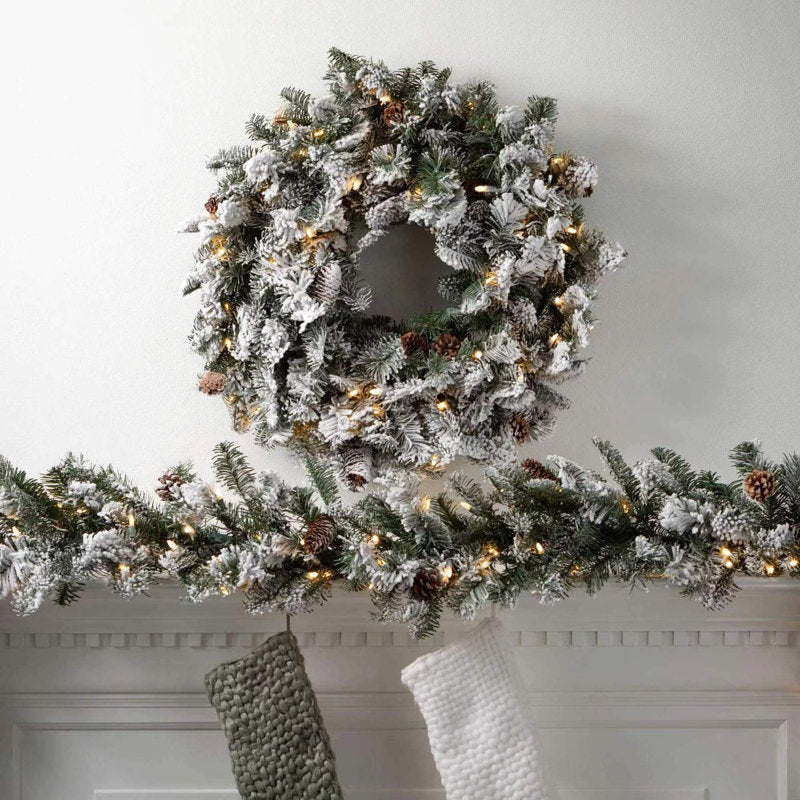 17.7 Inch Pre-Lit Artificial Christmas Wreath with Snow Flocked Tips, Faux Pine Cones and Warm White Lights