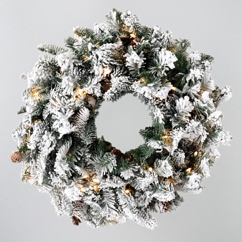 17.7" pre-lit flocked pine Christmas wreath with pinecones