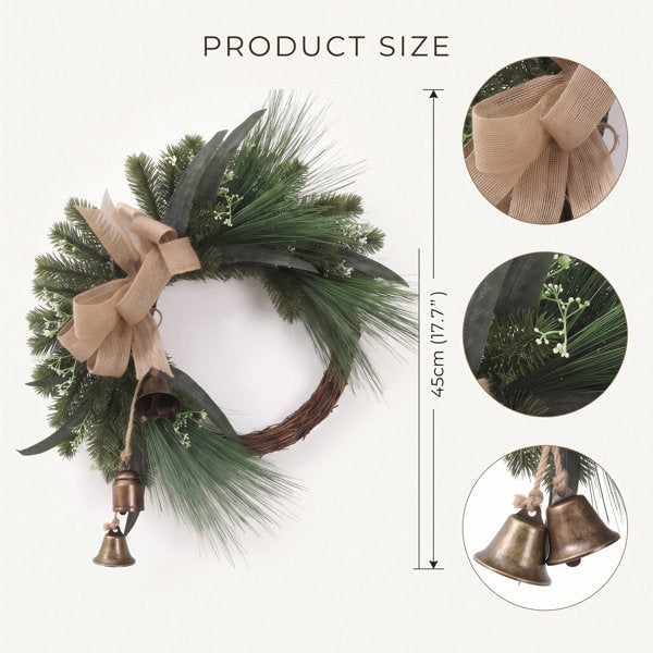 17.7 Inch Rustic Artificial Pine Christmas Wreath with Burlap Bow and Vintage Metal Bells for Front Door