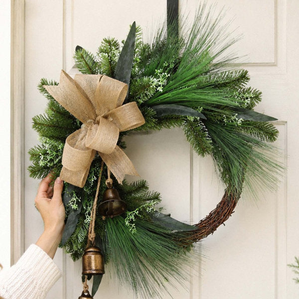 17.7 Inch Rustic Artificial Pine Christmas Wreath with Burlap Bow and Vintage Metal Bells for Front Door