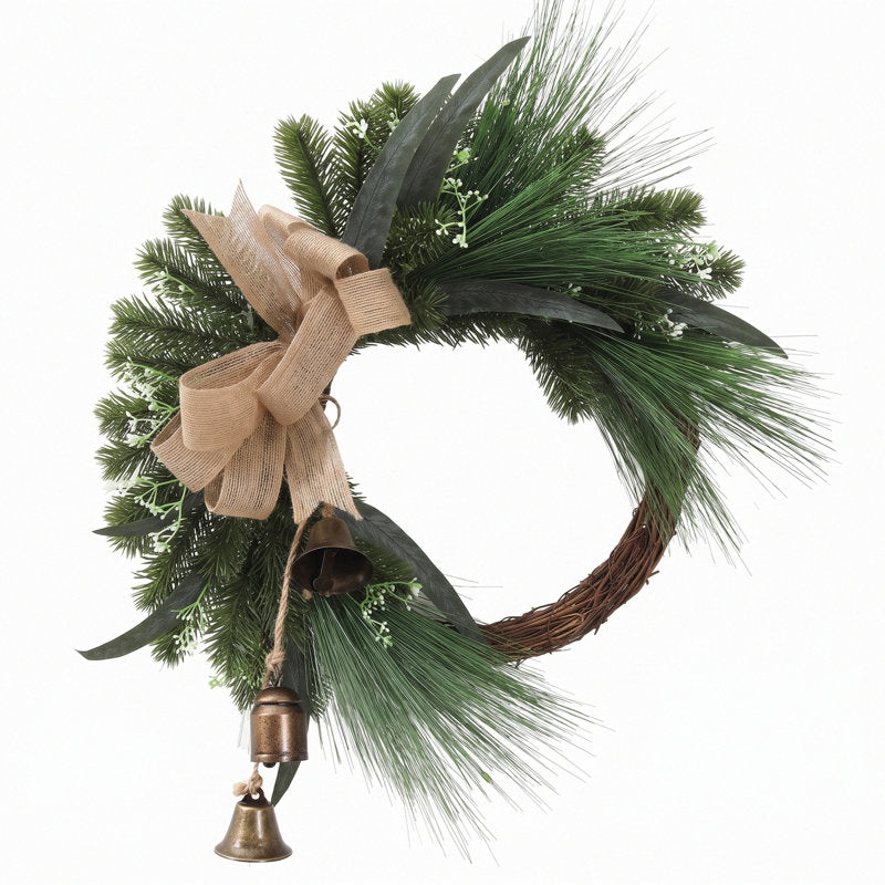 17.7" farmhouse Christmas wreath with a burlap bow and bells