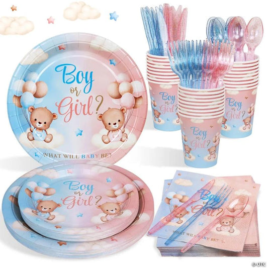 175 Pcs Teddy Bear Gender Reveal Set: Plates, Napkins, Cups & Cutlery for 25 Guests | USA Decoration®