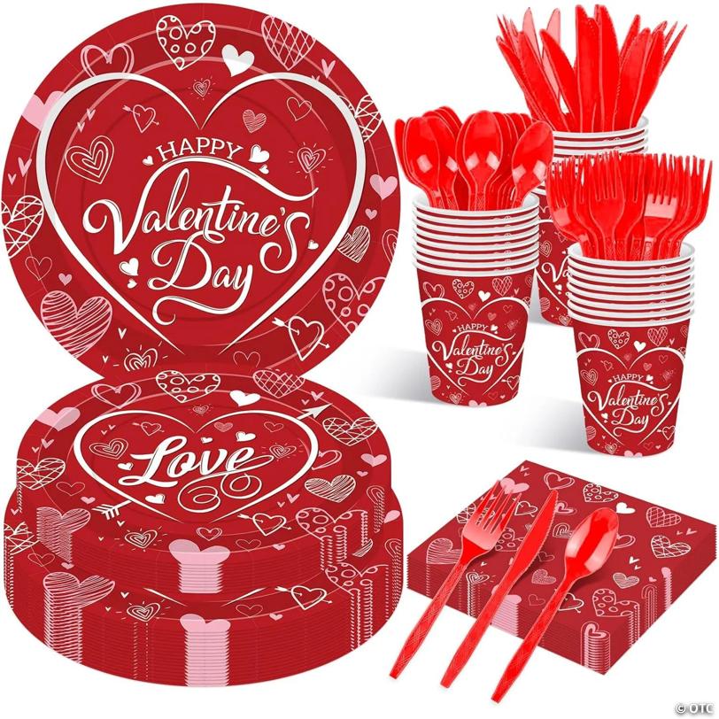 175 Pcs Valentine's Tableware Set - Serves 25, Heart-Themed Plates, Cups, Napkins, and Cutlery | USA Decoration®