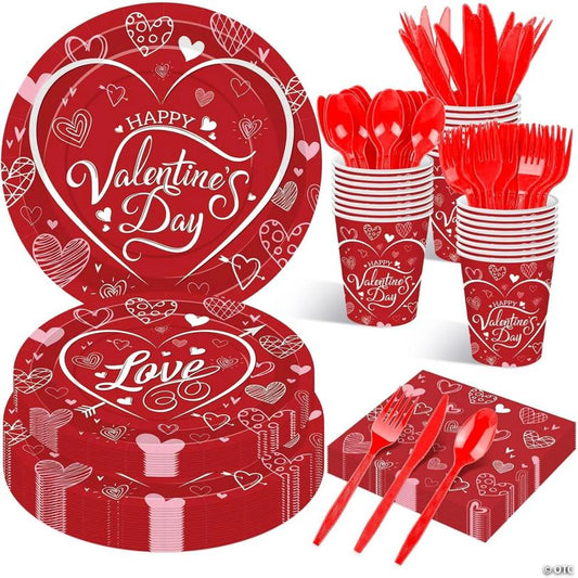175 Pcs Valentine's Tableware Set - Serves 25, Heart-Themed Plates, Cups, Napkins, and Cutlery | USA Decoration®