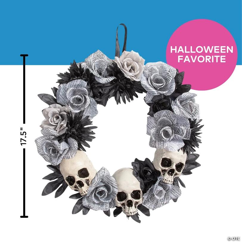 17 1/2" x 17 1/2" White Roses Wreath with Skulls Halloween Decoration