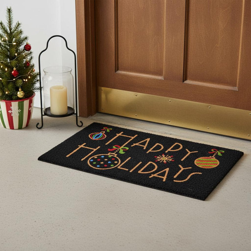 17" X 29" Black And Brown Christmas Happy Holidays Outdoor Coir Door Mat