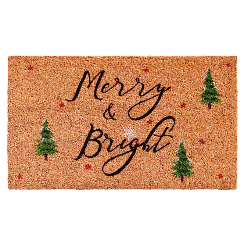 17" X 29" Brown Black And Green Christmas Merry and Bright Outdoor Coir Door Mat