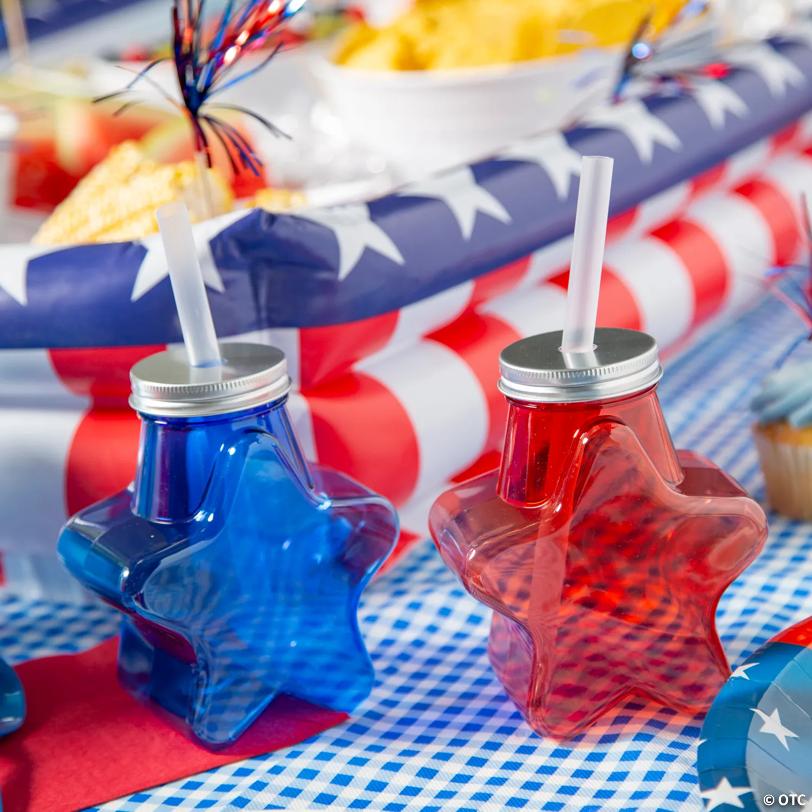 17 oz. Patriotic Star-Shaped Reusable Plastic Cups with Lids and Straws - 12 Ct.