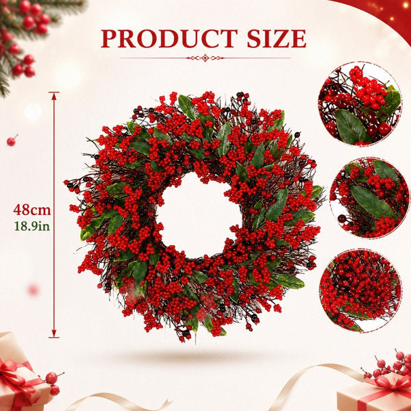 18.9" Winter Berry Front Door Wreath, Artificial Twig & Berry Wreath for Holiday Home Decor