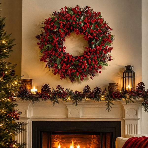 18.9" Winter Berry Front Door Wreath, Artificial Twig & Berry Wreath for Holiday Home Decor
